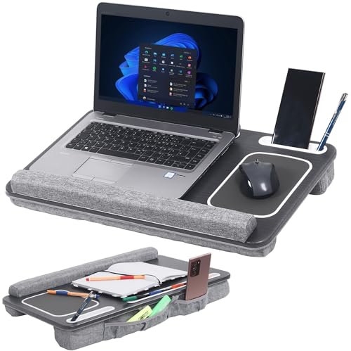 RICOO Soporte Portátil Mesa con Cojín y Compartimentos para Dispositivos, LA0018 Cojín para portátil para Notebooks hasta 15.6, Bandeja de Madera en Color Antracita, Accesorio de Trabajo y Juego