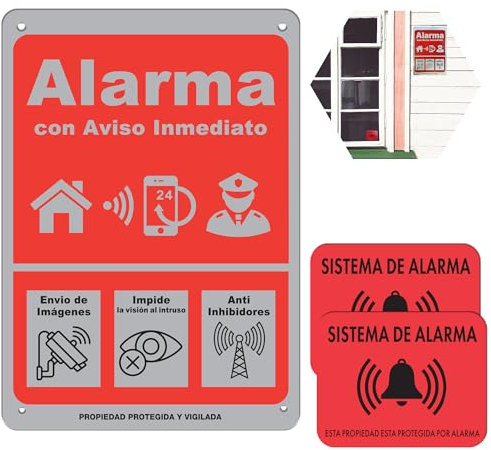 ITALMI® Set 1 Cartel Alarma de Dibond + 2 Pegatinas para Interior, Exterior | Cartel Alarma Securitas para tener una Mayor Seguridad.