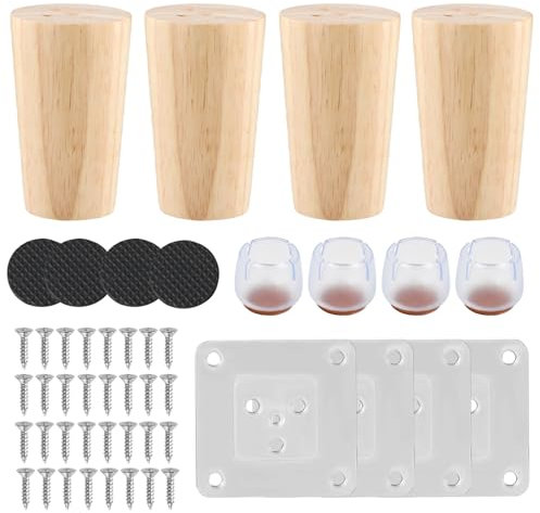 4 Pcs Pieds de Meuble Bois, Rond 8 cm 12 cm 15 cm, pour Lit Canapé Table Chaise, avec Plaque de Montage Vis Tapis, Antidérapant (8 cm)