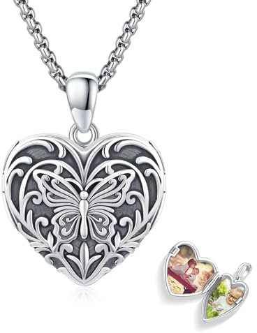CUOKA MIRACLE Herz Medaillon Halskette 925 Sterling Silber Schmetterling Medaillon Kette mit Kristall Amulett Medaillon zu öffnen für Bilder Medaillon Schmuck Geschenke für Frauen Mädchen