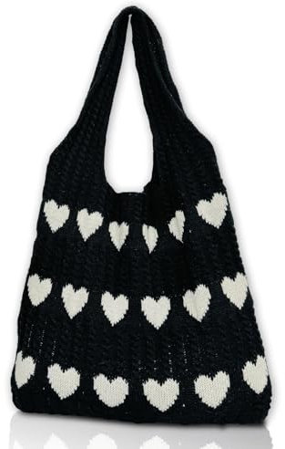 CUNGGI Gestrickte Umhängetasche, Gehäkelte Tragetasche mit süßem Herzmuster, Hobo-Tasche, gestrickt zum Einkaufen Schultertasche Tote Bag hohle Shopper Strandtasche für Damen (Schwarz)
