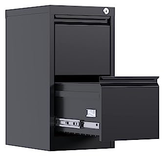 SUPEER Metall Vertikal Hängeregisterschränke,Büroschrank Metallschrank mit 2 Schubladen für Hängemappen （schwarz）