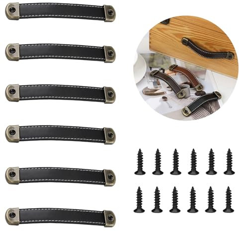 Oenothera 6 Stück Ledergriffe für Möbel, Vintage Möbelgriffe Knöpfe Ledergriff, Küchengriff Leder Knopf Schrankgriff, Koffer-Gepäckgriff für Küchenschränke, Kleiderschrank, Bad（Schwarz）