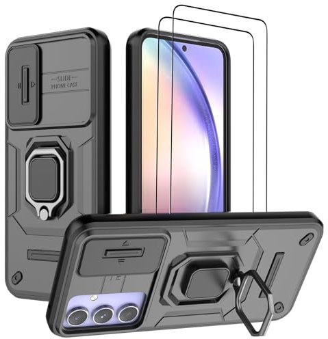 DERHAN Coque pour Samsung Galaxy A54 5G, Housse avec Verre Trempé [2 Pièces] + Couvercle de Caméra Coulissant, Coque Antichoc avec Béquille - Noir