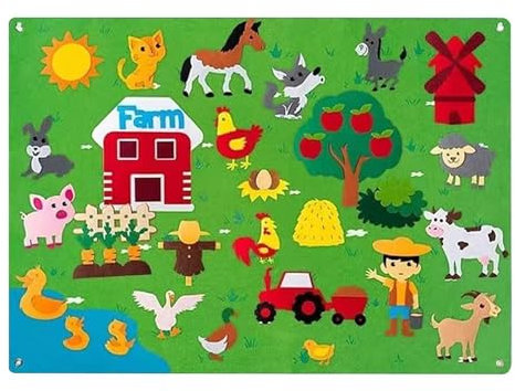 Farm Animals Fuzzy Fieltro Storyboard Set Con 33 Farmhouse Motto Storytelling Juego de Juego para colgar, Pizarra de fieltro de enseñanza, aprendizaje temprano, juguete interactivo, regalo de