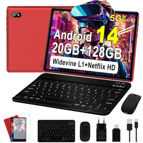 Android 14 Tablette 10 Pouces Tactile avec 20Go RAM+128Go ROM(TF/1To), 8-Cores, 5G WiFi 6, 6000mAh, GMS Certified,Widevine L1,5MP+8MP,BT5.0,Tablette avec clavier, souris et garantie de deux ans -Rouge