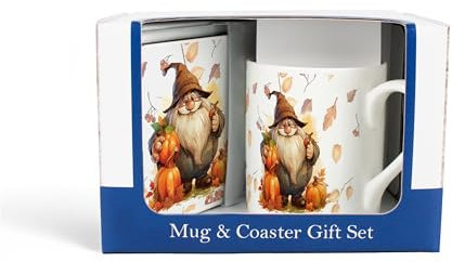 Autumn Gnomes Mug & Coaster Gift Set - Autumnal Leaves & Pumpkins Small Bone China Mug and Cork Coaster Set - Tea/Coffee Present