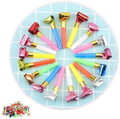 HJIAMA Trompeta de Fiesta 100 Piezas, Dde Papel Auto-Rebotante Silbatos para Fiestas de Cumpleaños, Silbatos de Cumpleaños Multifuncional, Usada para Cumpleaños, Fiestas, Navidad