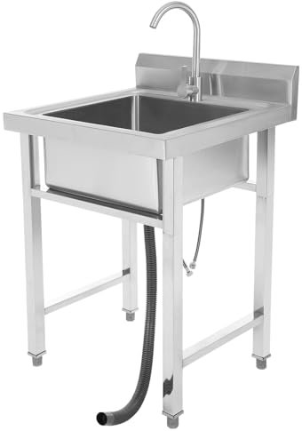 TFIANYNI 60x60x93cm Freistehende Edelstahl Spültisch Gastro 1 Becken, Einstellbare Höhe, Rückwand 13cm, Edelstahl Waschtisch Mit 360°Wasserhahn, Wabenförmiger Sprudler, Filter