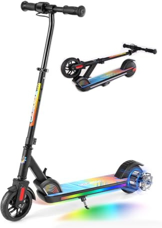 Caroma E Scooter Kinder von 8-12 Jahren,bis zu 16 km/h & 9 km,Elektroroller Kinder mit Bunte Leuchten, LED-Anzeige,Einstellbare Geschwindigkeit und Höhe,Faltbarer Elektroscooter,Cooles Schwarz