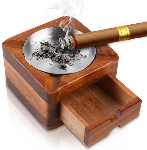 Posacenere per Sigari in Legno a 4 Slot - Quadrato Con Cassetto Rimovibile - Accessori per Sigari - Regali per Uomini - Ufficio e Casa