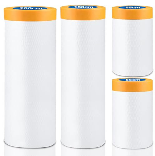 80m-4Rollen Abdeckfolie mit Klebeband,Malerfolie,3Größen Abklebeband mit Folie(280cm*20m,150cm*20m,55cm*20m),Abdeckplane Malerarbeiten,Masking Master mit Goldband,Tape Malerkrepp zum Staubschutzößen)