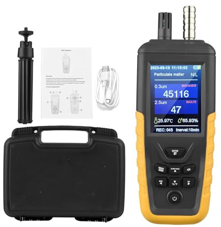 Feinstaubmessgerät Partikelmessgerät, CO2 Messgerät PM0.3/2.5/10um Partikelmonitor, Hochempfindlicher 3-Kanal 0~1000μg/m³USB Wiederaufladbarer Temperatur- und Luftfeuchtigkeitsmonitor