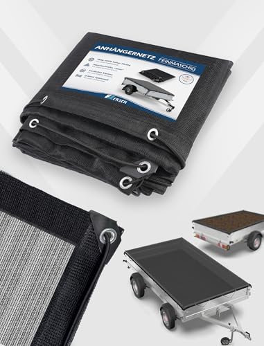 Ezcasch Anhängernetz Feinmaschig 1,5x2,5m Abdecknetz mit Spannseil 180g/㎡ Hochdichtes Netz als Ladungssicherung für Anhänger, Schwarz