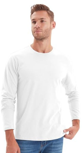 NetSetUK Mens Valueweight Long Sleeve T-Shirt Crew Neck 100% Cotton T Shirts Men Casual Pullover Long Sleeve Tee for Workwear or Sports Activities White