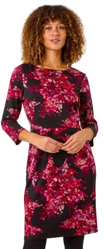 Roman Originals Shift Dress with Pockets for Women UK - Ladies Summer Autumn Winter Smart Casual Work Short 3/4 Sleeve Tunic Knee Length Pleated Gathered Waist Tea Loose - Red Noir - Size 10