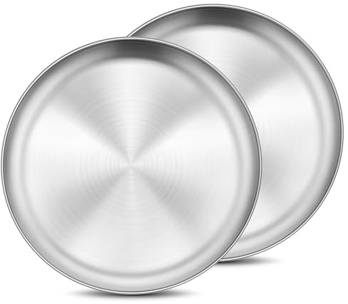 Onader 18/8 Stainless Steel Plate, 8 Inch 304 Metal Dinner Camping Plates for Kids Children, Reusable Round Serving Dishes Set of 2