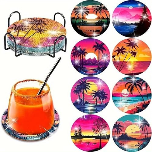 Diamond Painting Untersetzer, 8 Stück DIY Mandala Muster Tasse Untersetzer, Kunst Diamant Malerei Dekoration für Tassen, Weingläser, Vasen und Home Kitchen (Lila)
