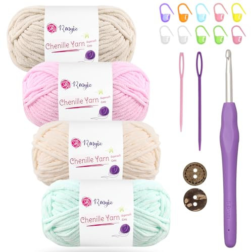 Chenille Wolle zum Häkeln 4x50g(60m/rolle) Flauschige Chenille Garn-Set mit 5mm Häkelnadel & Accessoires Weiche Babywolle für Häkeln & Stricken Chunky, kuschelige Wolle für DIY-Projekte