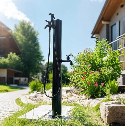 TRAGLO Colonna d'Acqua in Acciaio Inox per Esterni Rubinetto per Acqua da Giardino Idrante da Pavimento Indipendente con 2 rubinetti Pistola a spruzzo Fontana Decorativa per irrigazione Lavaggio