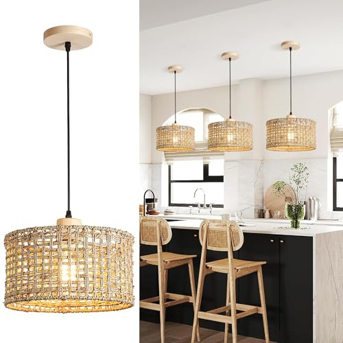 Schindora Suspension Rotin Tissé à La Main,30Cm 1-LumièRes Lustre Salon Ferme E27 DéCoration Boho Luminaires IntéRieur Pour Cuisine Chambre Salon Salle à Manger