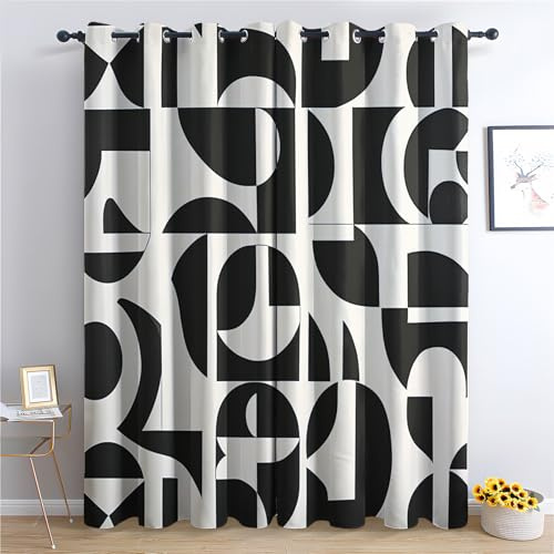 Generisch Vorhänge Schwarz Weiß Geometrisch Muster, Abstrakt Gardinen mit Ösen Wohnzimmer Schlafzimmer Deko, Fenster Blickdicht Verdunklungsvorhänge 2er Set, 245 x 140 cm (H x B) s60
