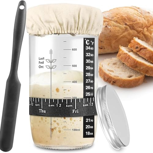 Binnan Sauerteig-Starterglas 24oz/680ml, Sauerteig Starter Set, mit Dattel-Fütterungsband, Thermometer, deckel, Silikonspatel, Stoffabdeckung, Sauerteig Starter Jar Kit für Sauerteigbrot & Anfänger