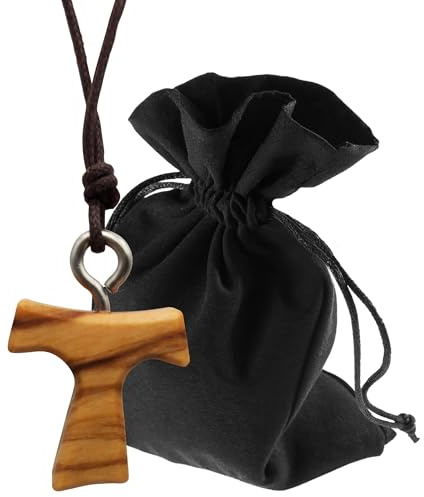 Lunexus Tau Kreuz Olivenholz Kette, dunkelbraune Kordel, 2,0 cm | Handgefertigt in Bethlehem - für Damen & Herren - zu Taufe, Kommunion, Firmung - mit Samtbeutel & Zertifikat