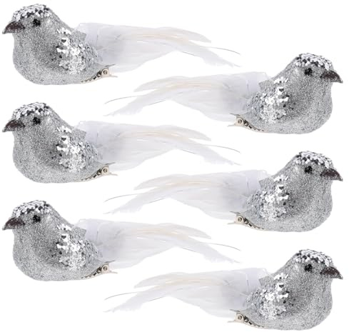Artificial White Doves, 6pcs Easter Birds Christmas Tree Decorations Silver Bird Ornaments Creative Artificial Adornments for Home Office Cafe Hotel Living Festive Xmas Tree Decor