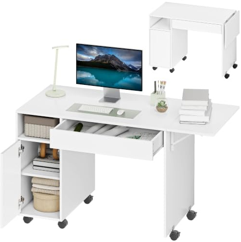 HOMCOM Schreibtisch mit Rollen Bürotisch mit Schublade 140x53x75 cm Weiß | Klappplatte und Schrank, Moderner Computertisch mit offenem Fach, Vertsellbar Regal, für Büro, Wohnzimmer