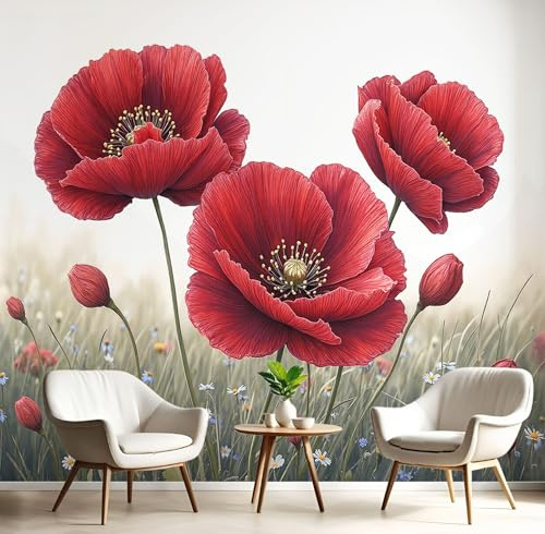 Blumen auf dem Land Fototapete Wald Mohn 300 x 210 cm Seide Tapeten Moderne Wandtapete Wohnzimmer Schlafzimmer Grün Braun Rot