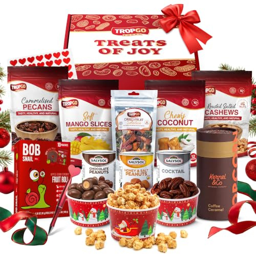 Tropgo Treats of Joy Christmas & New Year Food Gift Box — Tasty Snacks | Tasty Dried Fruit Snacks, Roasted Nuts, Popcorn & Chocolate Nut Selection Gift Box — Treats for Holiday Celebrations