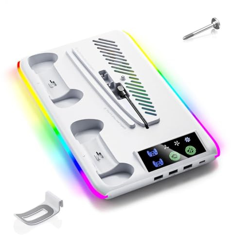 FACAIIO PS5 Kühlbasis mit RGB-Beleuchtung und Dual-Controller-Aufladung, 3-Gang-Lüfter für PS5 Slim Pro, USB-Hub Weiß