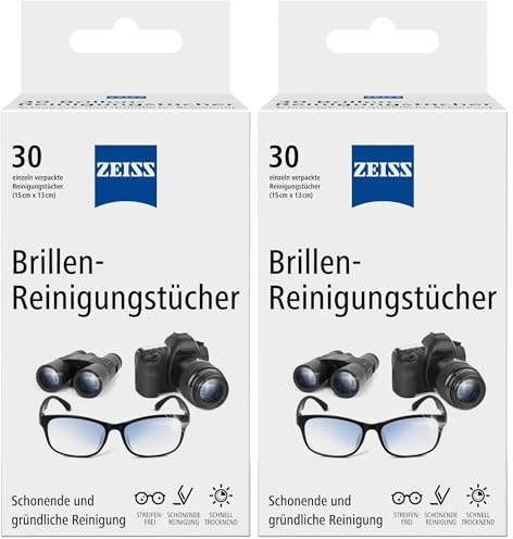 Zeiss Brillen-Reinigungstücher mit Alkohol 30 Stück zur schonenden & gründlichen Reinigung Ihrer Brillengläser - jedes Tuch einzeln verpackt - ideal für unterwegs oder auf Reisen (Packung mit 2)