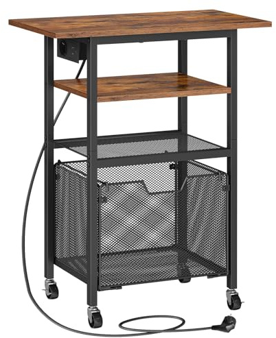 HOOBRO Druckertisch mit Rollen, Druckerständer, 4-stufiger Druckerwagen, Druckerregal mit Schublade, Steckdose, USB-C- und USB-A-Anschlüssen, für Homeoffice, Vintagebraun und Schwarz EBF17CPS01