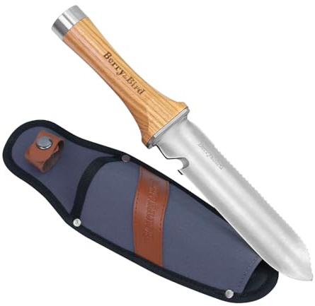 Berry&Bird Hori Hori Couteau de jardin multifonction avec lame double tranchante en acier inoxydable de 17 cm de long, couteau de sol avec fourreau en toile, pour le jardinage, le désherbage, le