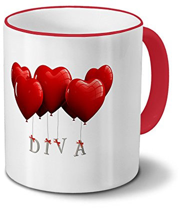 printplanet Tasse mit Namen Diva - Motiv Herzballons - Namenstasse, Kaffeebecher, Mug, Becher, Kaffeetasse - Farbe Rot