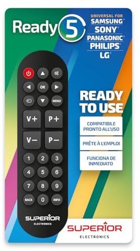 Superior Ready 5 - Telecomando Universale Autoapprendente per Tutte le TV e Smart TV - Subito Pronto per LG, Samsung, Sony, Panasonic, Philips - Tasti Grandi e Facile da Usare - Nero - SUPTRB014