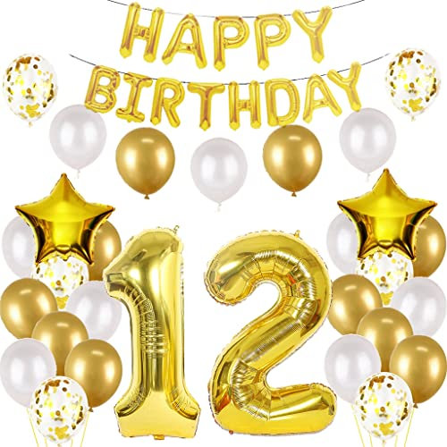 Luftballon 12. Geburtstag Deko Junge Gold - Folienballon Happy Birthday 12th - Geburtstagsdeko für Mädchen und Jungen (12 Jahre)