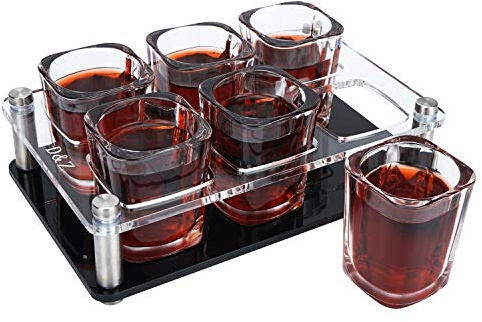 D&Z Shot Glass Set with Shot Glass Tray, 2 Ounce Shot Glasses Funny for Whiskey/Vodka/Cocktail, 21st Birthday Gift for Her/Him, Plastic Serving Tray - Stylish Decor/Useful Tool for Home Bar, 6-Shots