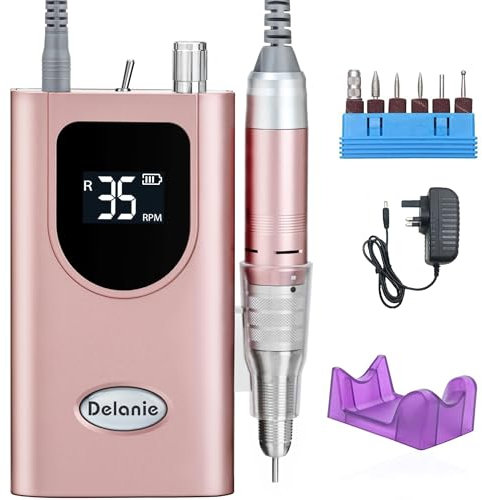 Delanie Electric Nail Drill Professional, Portable 35000 RPM Electric Nail File, Rechargeable E File Kit with 6 Drill Bits for Acrylic Nails and Gel Nails, for Manicure Salon & Home, Pink