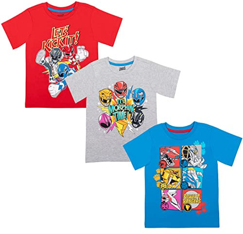 Power Rangers Lot de 3 t-shirts rouge, jaune, bleu, noir, rose pour enfant, Bleu/gris/rouge, 7-8