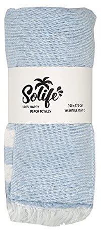 Solife Beach Towel (Blau) - gestreiftes Strand Handtuch aus nachhaltiger Baumwolle, 170x100cm, mit aufblasbarem Kopfkissen