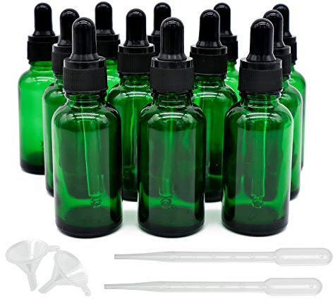 inheming Verde Flaconi Contagocce in Vetro, 30ml Bottiglie Contagocce Vetro con Pipette,per Laboratorio,Olio Essenziale, Aromaterapia,con Imbuti + Pipette, 12 Pezzi