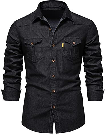 SSBZYES Chemises pour Hommes Chemises à Manches Longues pour Hommes Printemps Slim Fit Cardigan Chemises en Jean Couleur Unie Revers Tops Hauts pour Hommes Chemises pour Hommes