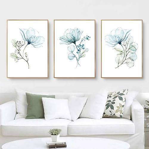 TROYSINC Poster Set Blau, 3er Moderne Wandbilder, Kunstposter Blumen, Ohne Rahmen Bilder, Stilvolle Wanddeko für Schlafzimmer Wohnzimmer (40 x 50 cm)