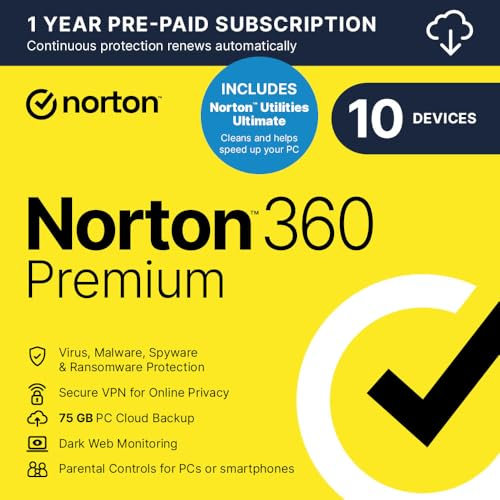 Norton 360 Premium + Utilities 2025 - Antivirus & Utility | 10 Devices | 1-year subscription | Automatic renewal, Secure VPN , Password Manager | 1 Device | PC/Mac/Mobile | Activation Code by email