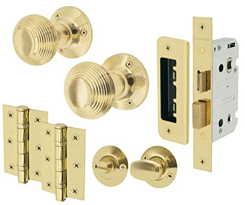 EAI Beehive Bathroom Door Knob Set Polished Brass | 1 Pair of Reeded Mortice Knobs (55mm), Lock (76mm) & Hinges (76mm) for Internal Doors