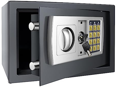 Tresor, 8.5L Tresor, Mini-Schranktresor mit digitalem PIN-Code, Verriegelungsbolzen, Doppelschlüsselsystem, Wand- oder Bodenmontage, Tresor für Dokumente, Geld, Gold und Waffen, Grau