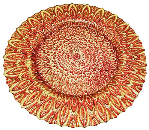Trimming Shop Assiettes de présentation décoratives pour fêtes, Assiettes en Verre Motif Paon pour décoration de Table, 33 cm, Rouge, 1 pièce